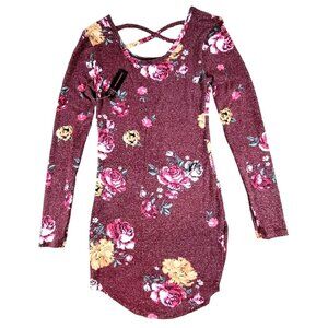 Womens Dress Burgundy Floral Print Knit Strappy Long Sleeve Size XS NWT  JH1297